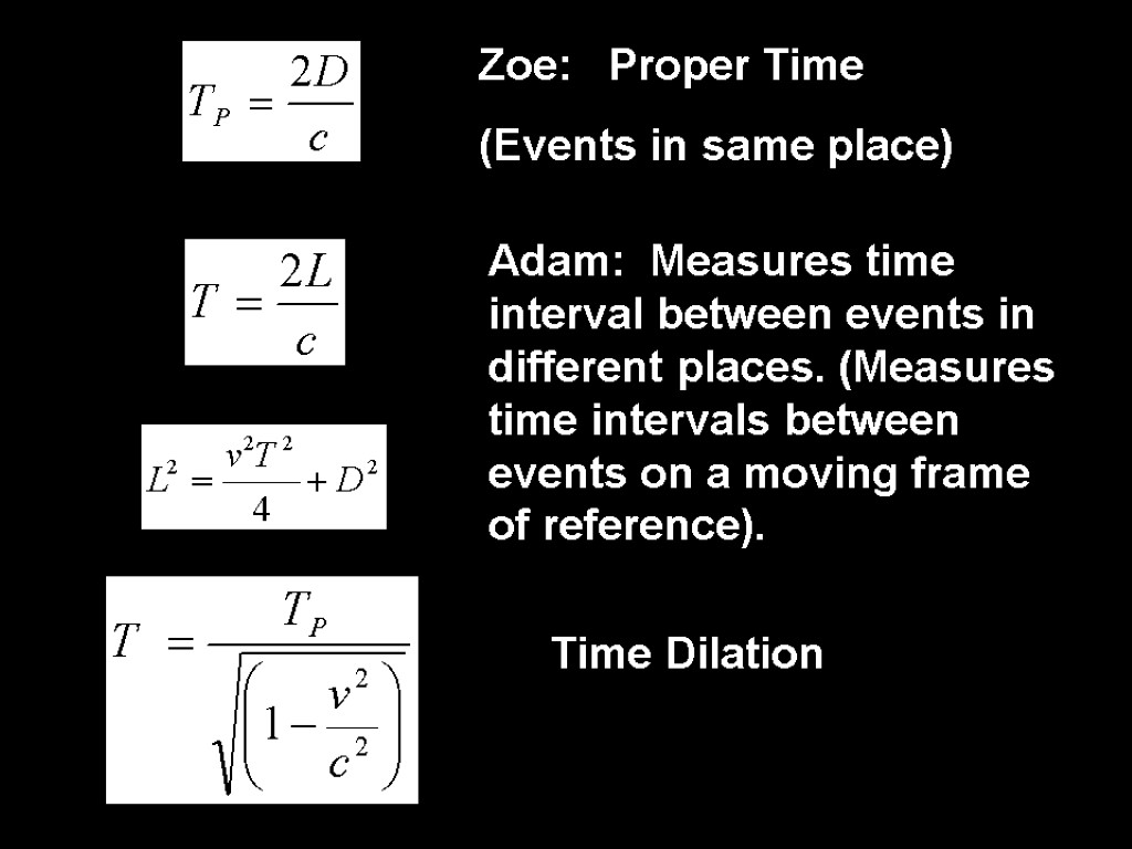 Zoe: Proper Time (Events in same place) Adam: Measures time interval between events in